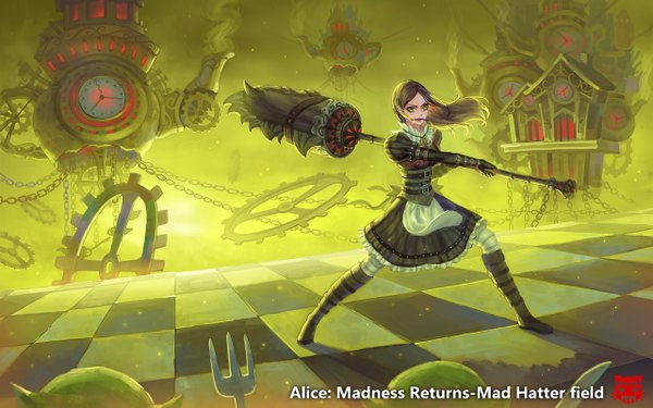 Anime picture 1280x800 with american mcgee's alice (game) alice: madness returns alice (american mcgee's) redname long hair black hair green eyes checkered floor fighting stance steam girl dress pantyhose boots building (buildings) chain corset fork teapot gears