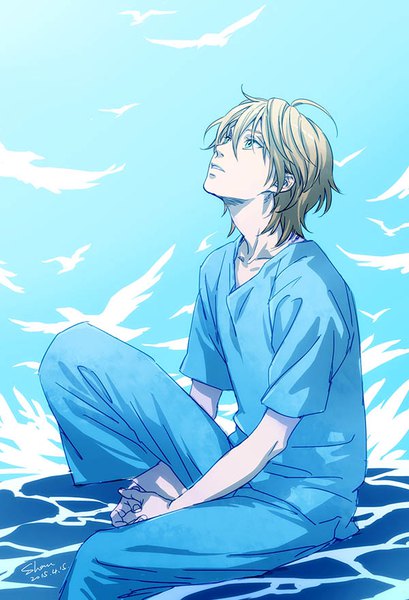 Anime picture 600x880 with aldnoah.zero a-1 pictures slaine troyard shan2000 single tall image fringe short hair blonde hair hair between eyes signed sky ahoge bent knee (knees) outdoors parted lips aqua eyes dated looking up boy