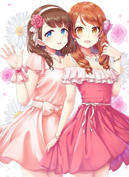 Anime picture 875x1200 with idolmaster idolmaster cinderella girls idolmaster cinderella girls starlight stage houjou karen sakuma mayu chiyosuke (nosuke21) long hair tall image looking at viewer open mouth blue eyes brown hair multiple girls brown eyes :d orange hair floral background waving twinkle party girl