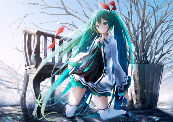 Anime picture 1200x850 with vocaloid hatsune miku ajigo single looking at viewer blush fringe hair between eyes twintails payot sky outdoors very long hair parted lips aqua eyes sunlight aqua hair wide sleeves :o shadow