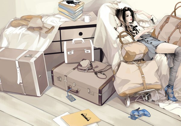 Anime picture 1378x963 with original daisy (artist) single long hair highres brown hair sitting lips black eyes high heels lipstick reclining fashion girl thighhighs skirt bow socks book (books) thigh boots