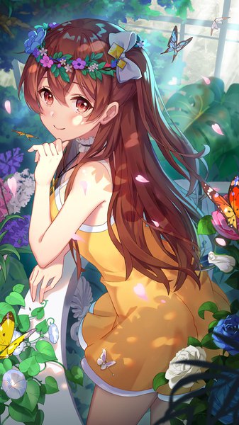 Anime picture 1152x2048 with girl cafe gun irene white (girl cafe gun) criin single long hair tall image looking at viewer blush fringe breasts smile hair between eyes red eyes brown hair standing payot outdoors sunlight blurry arm support