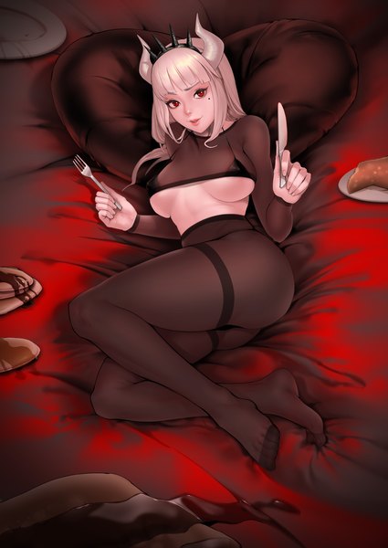 Anime picture 2953x4169 with helltaker lucifer (helltaker) hellcherr single long hair tall image looking at viewer fringe highres breasts light erotic red eyes large breasts holding payot silver hair full body bent knee (knees) ass blunt bangs