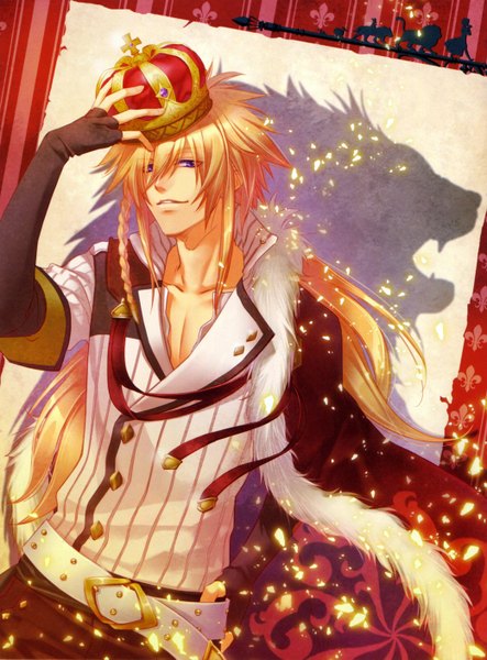 Anime picture 4159x5625 with beast master and prince (game) idea factory matheus long hair tall image highres blonde hair smile purple eyes holding absurdres braid (braids) shadow striped open collar silhouette striped background boy gloves animal