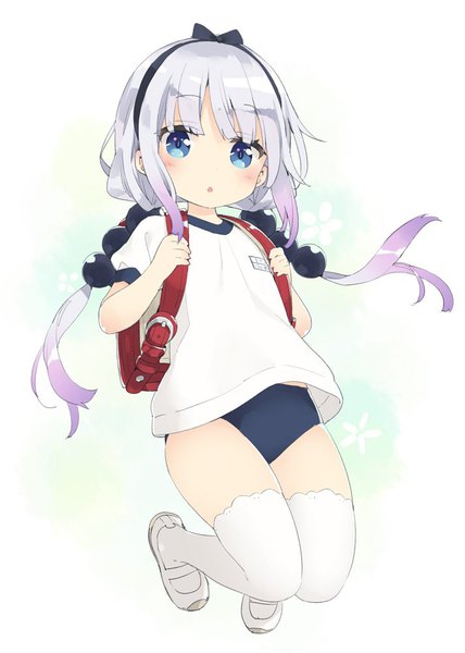 Anime picture 713x1000 with kobayashi-san chi no maidragon kyoto animation kanna kamui peko single long hair tall image looking at viewer blush fringe open mouth blue eyes light erotic simple background white background twintails payot silver hair full body blunt bangs