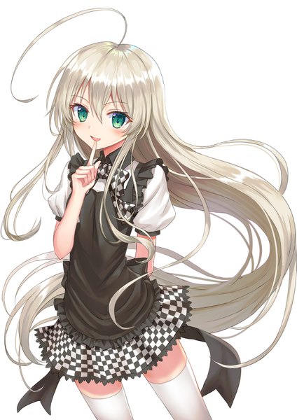 Anime picture 999x1413 with haiyore! nyaruko-san nyaruko seungju lee single tall image looking at viewer blush fringe simple background hair between eyes white background green eyes ahoge white hair very long hair puffy sleeves finger to mouth checkered checkered skirt girl
