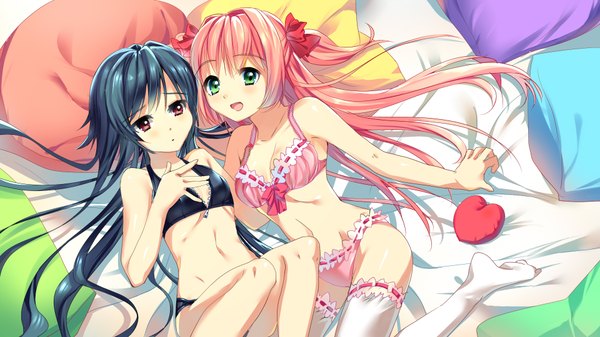 Anime picture 1920x1080 with mochiko (mochiko3121) long hair highres open mouth light erotic black hair red eyes wide image multiple girls green eyes pink hair lying no shoes legs underwear only girl thighhighs navel underwear panties