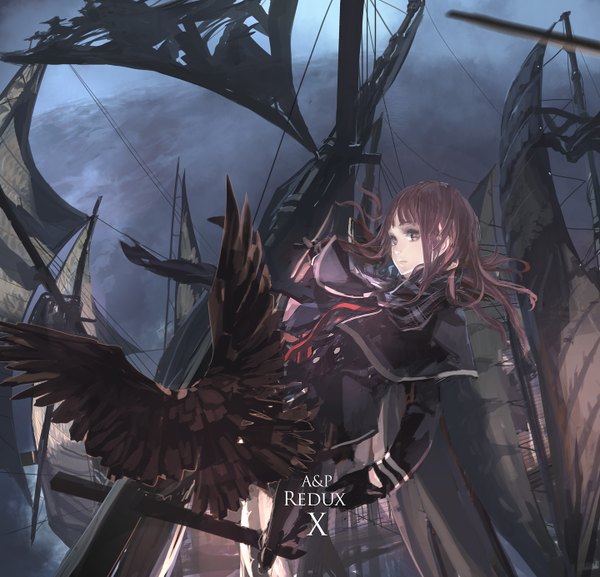 Anime picture 1440x1385 with original pixiv fantasia pixiv fantasia wizard and knight lin+ single long hair fringe brown hair brown eyes looking back night dark background girl animal bird (birds) watercraft ship