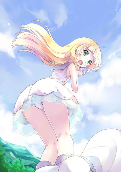 Anime picture 1237x1754 with pokemon pokemon sm nintendo lillie (pokemon) 54hao single long hair tall image fringe highres open mouth light erotic blonde hair standing green eyes sky cloud (clouds) ass blunt bangs braid (braids)