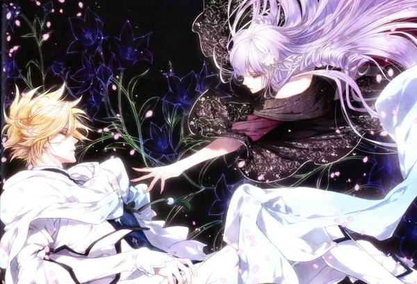 Anime picture 5928x4049 with reine des fleurs violette (reine des fleurs) louis (reine des fleurs) usuba kagerou long hair fringe highres short hair blonde hair purple eyes green eyes absurdres purple hair nail polish profile fingernails official art drill hair long fingernails outstretched hand