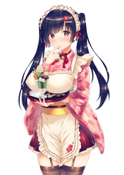 Anime picture 1191x1684 with original suihei-sen single long hair tall image blush breasts light erotic black hair simple background red eyes large breasts white background twintails finger in mouth wa maid yagasuri girl thighhighs uniform