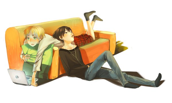 Anime picture 2000x1200 with axis powers hetalia studio deen pixiv united kingdom (hetalia) japan (hetalia) coralstone highres short hair blonde hair simple background brown hair wide image white background brown eyes green eyes multiple boys no shoes reclining boy socks