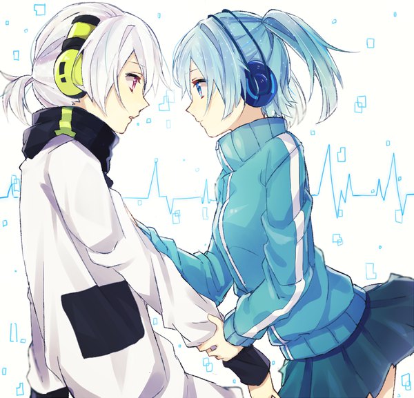 Anime picture 887x853 with kagerou project shaft (studio) ene (kagerou project) konoha (kagerou project) daluto (hitomi555) short hair blue eyes twintails blue hair silver hair ponytail profile pink eyes short twintails eye contact arm grab girl boy jacket headphones