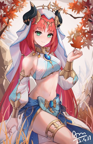 Anime picture 3274x5052 with genshin impact nilou (genshin impact) chiyo akira single long hair tall image looking at viewer blush fringe highres breasts light erotic smile standing twintails green eyes signed absurdres bent knee (knees) red hair
