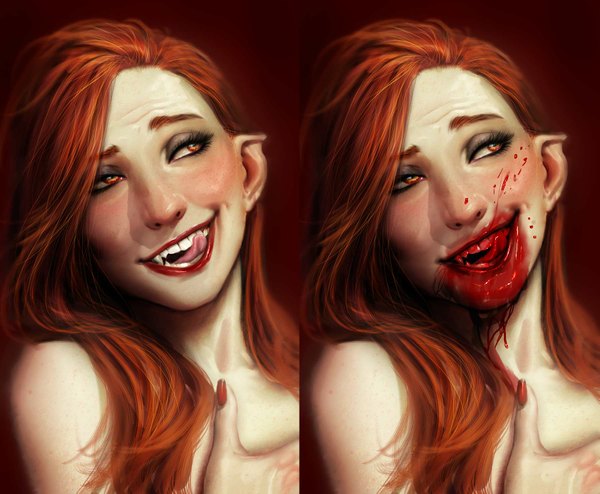 Anime picture 1797x1482 with nebezial long hair highres open mouth simple background smile bare shoulders nail polish pointy ears orange hair realistic teeth orange eyes fang (fangs) lipstick multiview eyeshadow vampire girl tongue