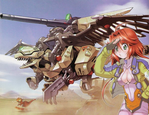 Anime picture 1185x913 with zoids tagme (character) short hair light erotic green eyes sky cloud (clouds) ahoge red hair mechanical wings wings mecha
