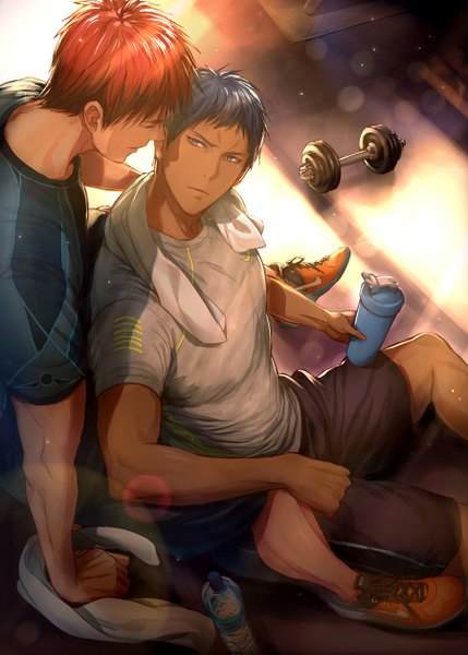 Anime picture 900x1259 with kuroko no basket production i.g aomine daiki kagami taiga zawar379 tall image short hair sitting blue hair red hair indoors eyes closed from above arm support multiple boys lens flare looking up shounen ai towel around neck boy