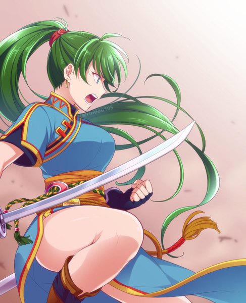 Anime picture 680x837 with fire emblem fire emblem: the blazing blade nintendo lyndis (fire emblem) hiyori (rindou66) single long hair tall image fringe open mouth simple background green eyes signed ponytail profile green hair twitter username side slit girl weapon