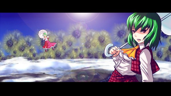Anime picture 1200x675 with touhou kazami yuuka wide image girl flower (flowers) umbrella sunflower parasol ancient chamber