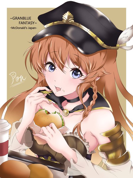 Anime picture 1200x1600 with granblue fantasy mcdonald's lecia (granblue fantasy) pon (syugaminp) single long hair tall image looking at viewer blush fringe blue eyes hair between eyes brown hair braid (braids) from above copyright name border side braid eating brown background