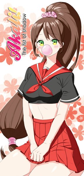 Anime picture 500x1040 with league of legends akali (league of legends) seo (artist) single long hair tall image looking at viewer blush black hair green eyes ponytail girl skirt