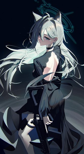 Anime picture 1374x2500 with blue archive shiroko (blue archive) shiroko terror (blue archive) nunsori single long hair tall image fringe hair between eyes animal ears looking away silver hair aqua eyes from above from behind tears back bare back girl dress
