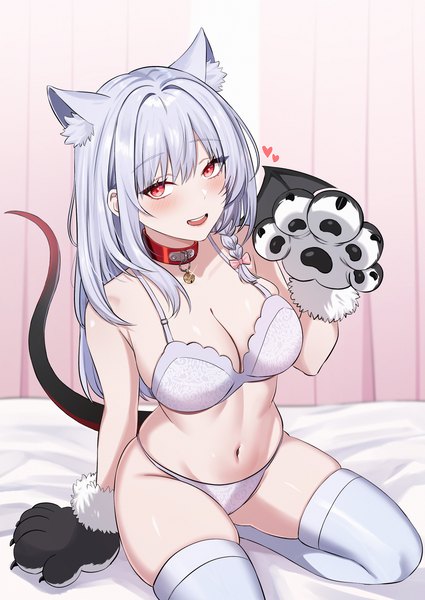 Anime picture 2508x3541 with blue archive haruna (blue archive) senapops single long hair tall image looking at viewer blush highres breasts light erotic red eyes large breasts animal ears silver hair tail underwear only kemonomimi mode single wing girl
