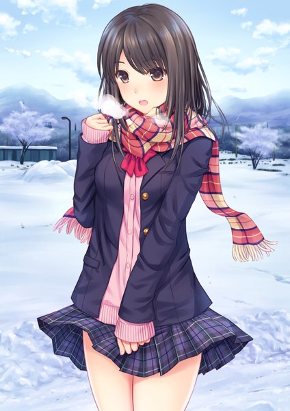 Anime picture 1250x1770 with original n.g. single long hair tall image looking at viewer blush brown eyes sky outdoors pleated skirt plaid skirt winter snow exhalation girl skirt miniskirt jacket scarf