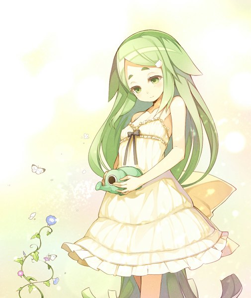 Anime picture 1000x1188 with gatchaman crowds tatsunoko utsutsu nekomu single tall image blush green eyes very long hair green hair looking down girl dress hair ornament flower (flowers) bow white dress hairclip insect butterfly
