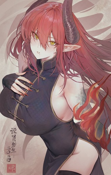 Anime picture 2587x4096 with original isabella (marse) marse (rokudaime) single long hair tall image fringe highres light erotic hair between eyes bare shoulders yellow eyes looking away red hair long sleeves nail polish traditional clothes parted lips horn (horns) fingernails