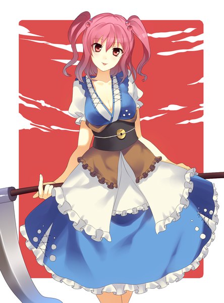 Anime picture 1118x1509 with touhou onozuka komachi garigarigari single tall image looking at viewer fringe short hair hair between eyes pink hair cleavage pink eyes two side up puffy sleeves girl weapon frills tongue hair bobbles scythe