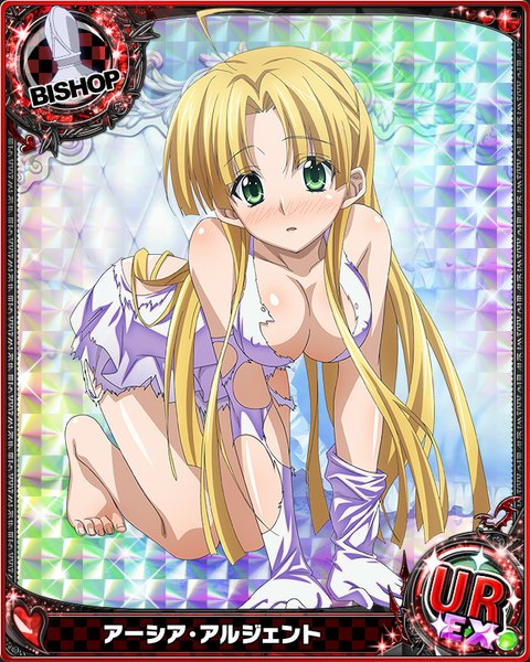 Anime picture 640x800 with highschool dxd asia argento single long hair tall image looking at viewer blush breasts open mouth light erotic blonde hair green eyes cleavage torn clothes card (medium) girl dress gloves elbow gloves white gloves