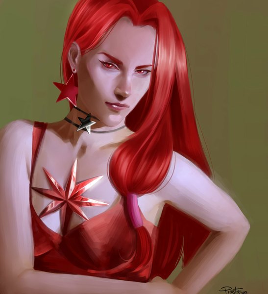 Anime picture 1024x1124 with bishoujo senshi sailor moon toei animation eudial pirastro (artist) single long hair tall image looking at viewer simple background red eyes red hair sleeveless hand on hip girl earrings choker star (symbol) crystal