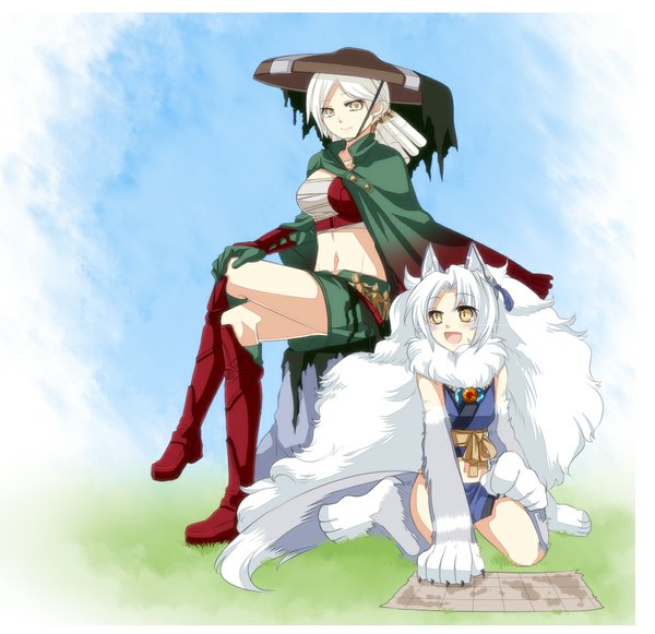 Anime picture 1000x969 with original konshin blush short hair open mouth sitting multiple girls animal ears yellow eyes white hair tail animal tail crossed legs wolf ears wolf tail wolf girl monster girl girl 2 girls hat