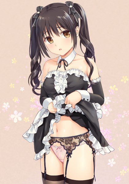 Anime picture 700x1000 with original n.g. single long hair tall image looking at viewer blush fringe breasts open mouth light erotic simple background hair between eyes brown hair standing twintails bare shoulders brown eyes payot maid