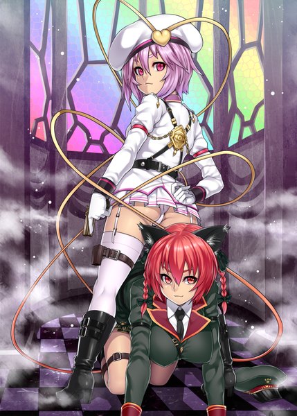 Anime picture 1500x2099 with touhou komeiji satori kaenbyou rin houtengeki tall image looking at viewer short hair light erotic red eyes multiple girls animal ears purple hair red hair braid (braids) cat ears cat girl pantyshot twin braids girl thighhighs