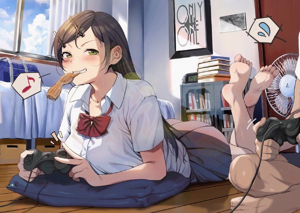 Anime picture 2048x1456 with original papico (ice cream) samemanma long hair blush fringe highres breasts smile brown hair large breasts sitting green eyes looking away indoors lying pleated skirt barefoot short sleeves crossed legs