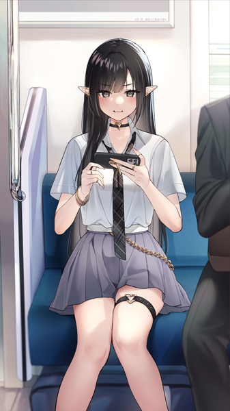 Anime picture 1125x2000 with original sino42 long hair tall image looking at viewer blush fringe black hair sitting holding brown eyes fingernails pointy ears mole short sleeves mole under eye piercing ear piercing solo focus elf
