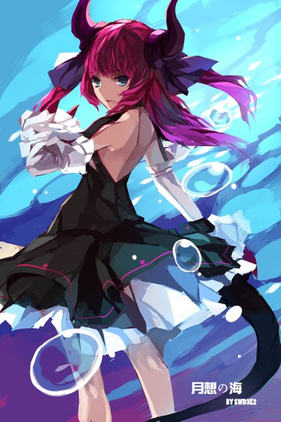 Anime picture 1417x2125 with fate (series) fate/extra type-moon elizabeth bathory (fate) (all) elizabeth bathory (fate) swd3e2 single long hair tall image looking at viewer open mouth blue eyes pink hair horn (horns) girl dress detached sleeves bubble (bubbles)