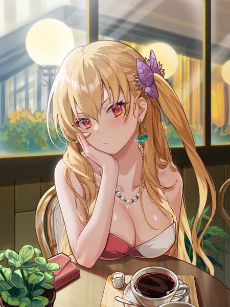 Anime picture 1008x1344 with eiyuu densetsu alisa reinford chibi vanille single long hair tall image looking at viewer blush fringe breasts light erotic blonde hair hair between eyes red eyes large breasts sitting bare shoulders payot cleavage upper body