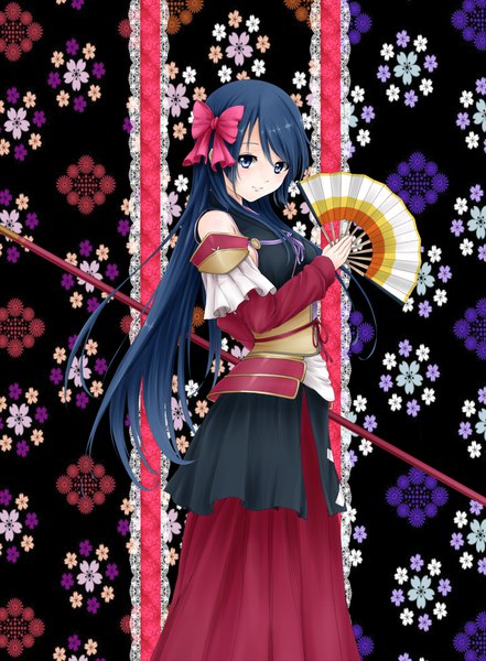 Anime picture 700x952 with oda nobuna no yabou niwa nagahide pei (sumurai) single long hair tall image looking at viewer blush fringe blue eyes smile hair between eyes holding blue hair traditional clothes japanese clothes girl skirt bow weapon