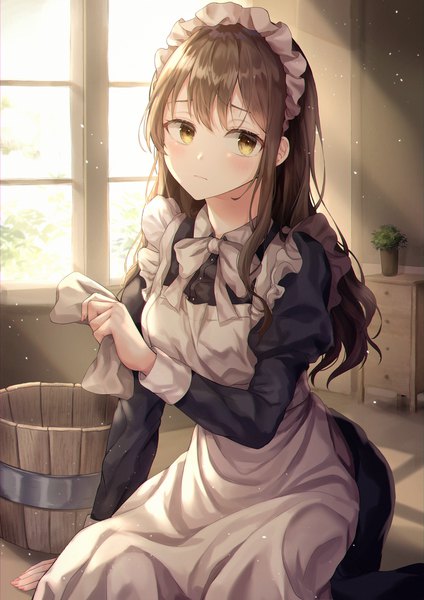 Anime picture 2954x4184 with original samyang single long hair tall image looking at viewer blush fringe highres brown hair sitting yellow eyes long sleeves sunlight arm support maid puffy sleeves cleaning girl uniform