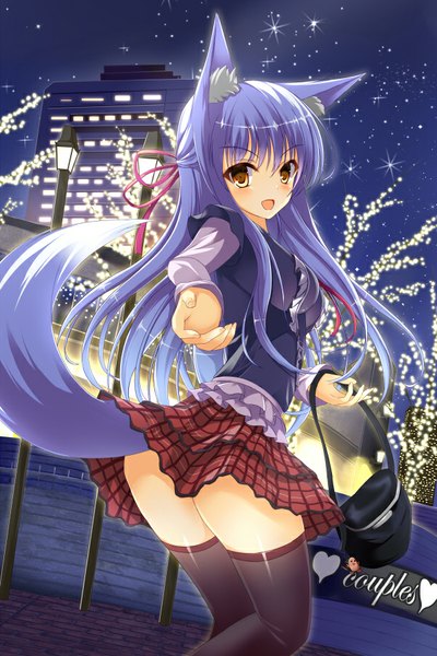 Anime picture 600x900 with original takataka single long hair tall image blush fringe open mouth light erotic standing animal ears yellow eyes purple hair bent knee (knees) tail animal tail pleated skirt looking back night night sky