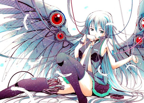 Anime picture 1059x762 with vocaloid hatsune miku moonsorrow looking at viewer fringe simple background white background sitting blue hair very long hair pleated skirt open clothes grey eyes open shirt angel wings girl thighhighs skirt black thighhighs shirt