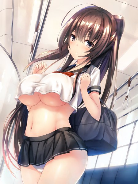 Anime picture 1800x2400 with original liya single long hair tall image looking at viewer blush fringe highres breasts light erotic hair between eyes brown hair large breasts standing brown eyes payot ahoge ponytail pleated skirt