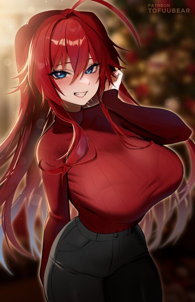 Anime-Bild 3850x5950 mit highschool dxd rias gremory tofuubear single long hair tall image looking at viewer blush fringe highres breasts blue eyes light erotic smile hair between eyes large breasts standing signed absurdres ahoge