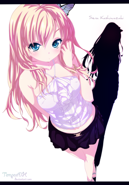 Anime picture 1000x1431 with boku wa tomodachi ga sukunai kashiwazaki sena tempestdh single long hair tall image blush blue eyes blonde hair white background bare shoulders from above shadow coloring girl hair ornament miniskirt hairclip butterfly hair ornament