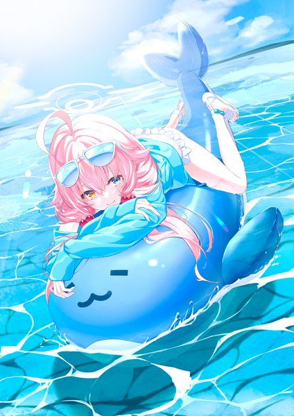 Anime picture 1556x2200 with blue archive hoshino (blue archive) hoshino (swimsuit) (blue archive) dice gt single long hair tall image looking at viewer fringe smile hair between eyes twintails pink hair sky cloud (clouds) ahoge lying heterochromia low twintails official alternate costume