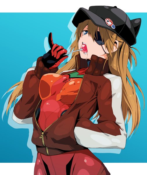 Anime picture 1010x1200 with neon genesis evangelion rebuild of evangelion evangelion: 3.0 you can (not) redo gainax soryu asuka langley shikinami asuka langley u (pixiv) single long hair tall image blue eyes light erotic orange hair saliva hand in pocket girl gloves hat jacket eyepatch