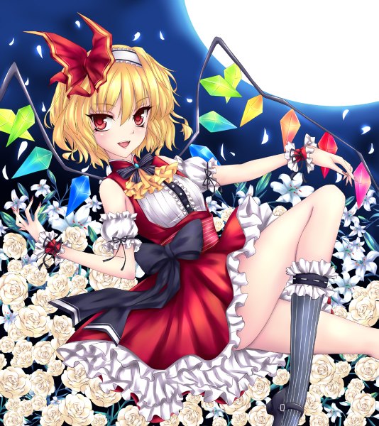 Anime picture 1067x1200 with touhou flandre scarlet fred0092 single tall image short hair open mouth blonde hair red eyes girl dress flower (flowers) wings socks hairband black socks moon crystal